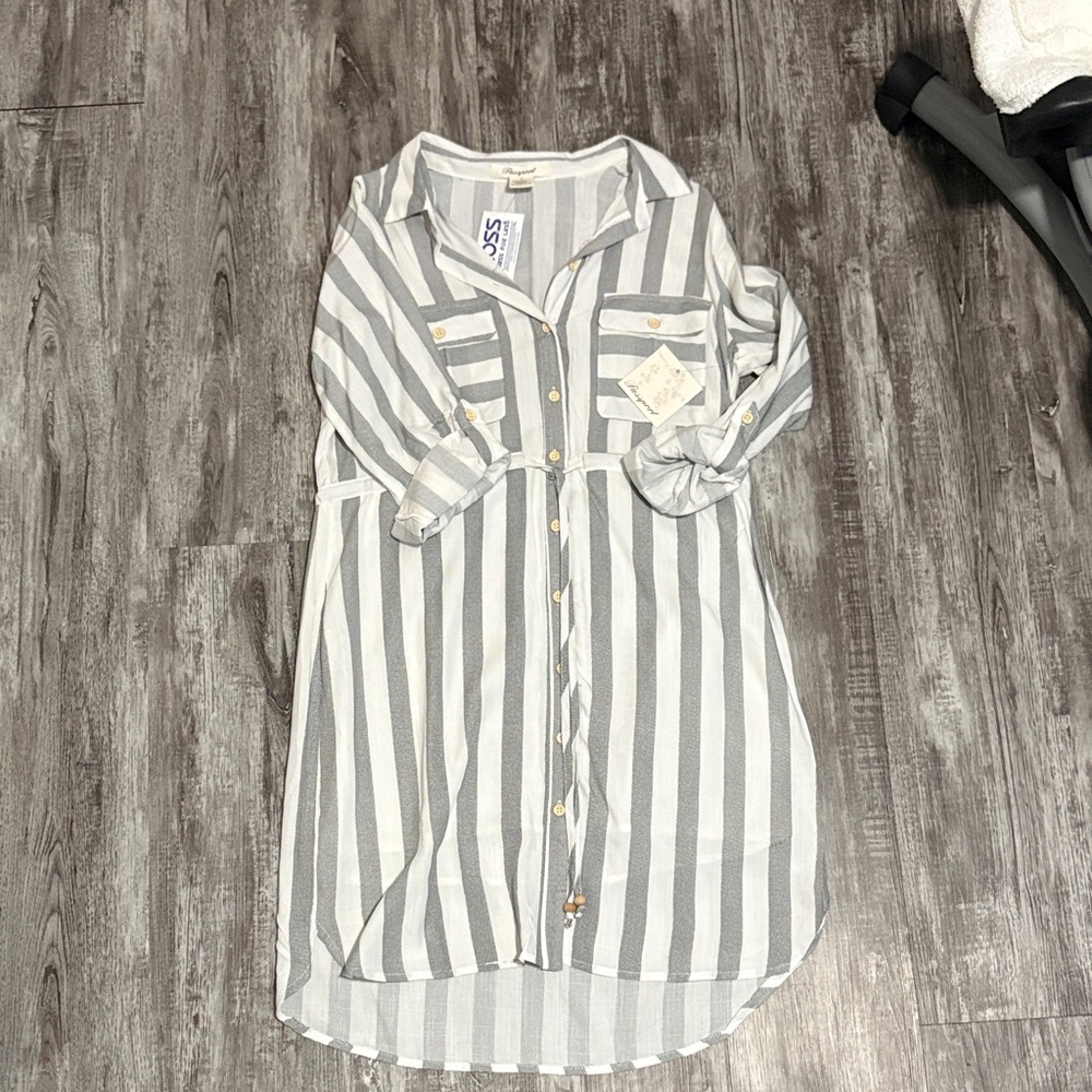 Passport Gray and White Striped Long Sleeve Dress